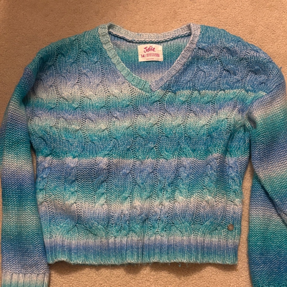 Justice girls VNeck Sweater in Blue and White VINTAGE